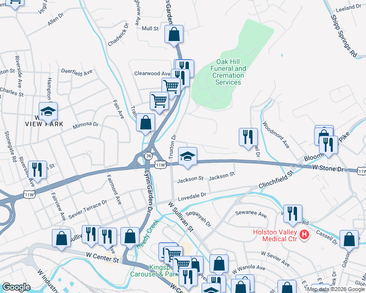 map of restaurants, bars, coffee shops, grocery stores, and more near 639 Bays View Road in Kingsport