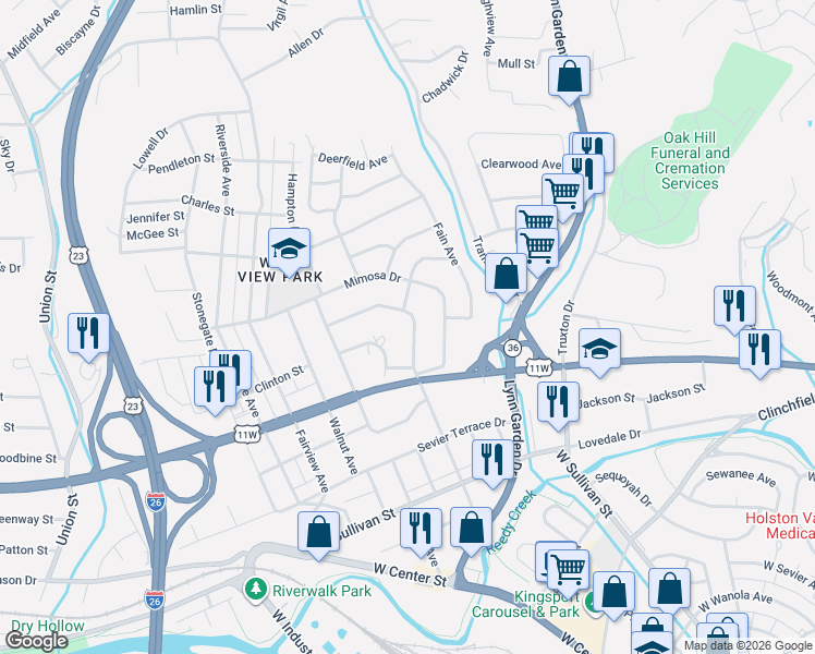 map of restaurants, bars, coffee shops, grocery stores, and more near 828 Fairmont Avenue in Kingsport