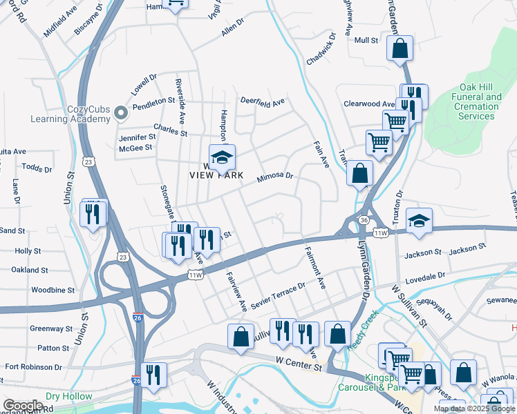 map of restaurants, bars, coffee shops, grocery stores, and more near 927 Morison Avenue in Kingsport