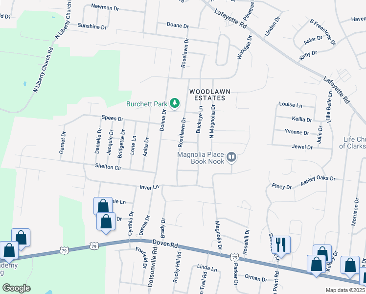 map of restaurants, bars, coffee shops, grocery stores, and more near 541 Roselawn Drive in Clarksville