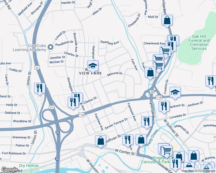 map of restaurants, bars, coffee shops, grocery stores, and more near 927 Morison Avenue in Kingsport