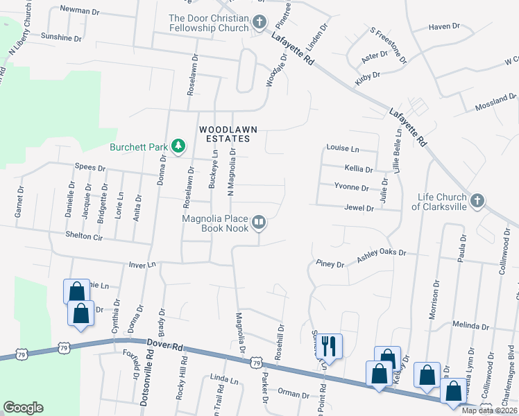 map of restaurants, bars, coffee shops, grocery stores, and more near 512 Sourwood Drive in Clarksville