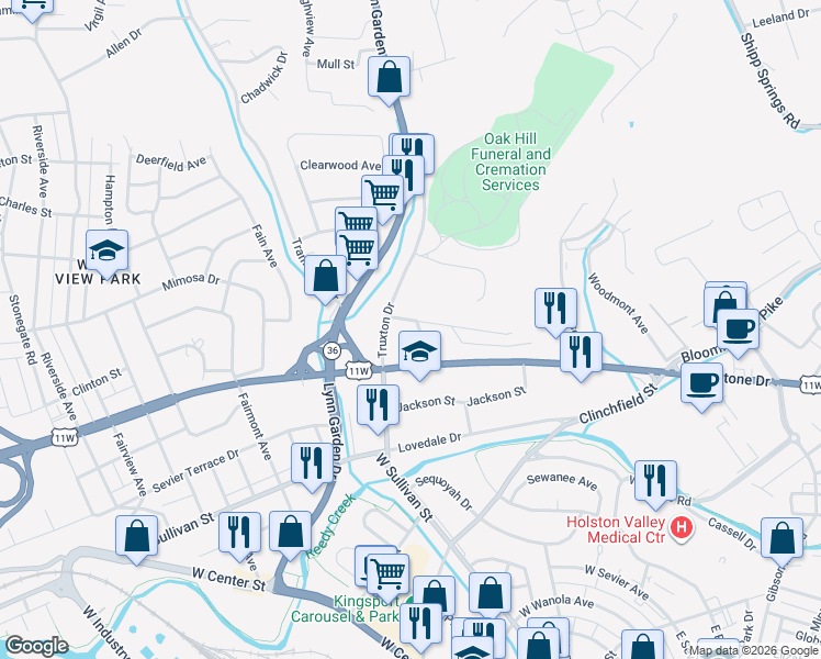 map of restaurants, bars, coffee shops, grocery stores, and more near 639 Bays View Road in Kingsport