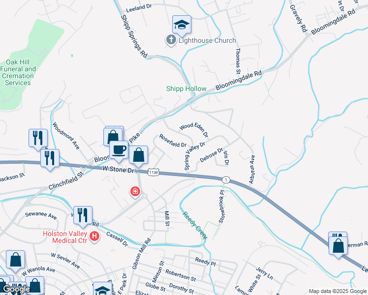 map of restaurants, bars, coffee shops, grocery stores, and more near 174 Rosefield Drive in Kingsport
