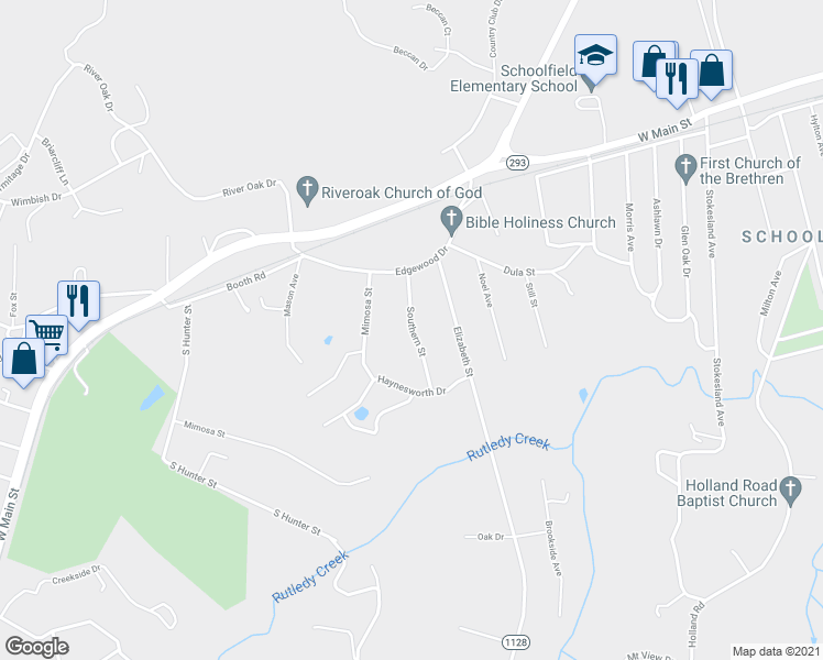 map of restaurants, bars, coffee shops, grocery stores, and more near 19 Southern Street in Danville