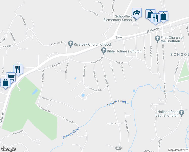 map of restaurants, bars, coffee shops, grocery stores, and more near Southern Street in Danville