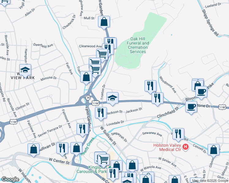 map of restaurants, bars, coffee shops, grocery stores, and more near 639 Bays View Road in Kingsport