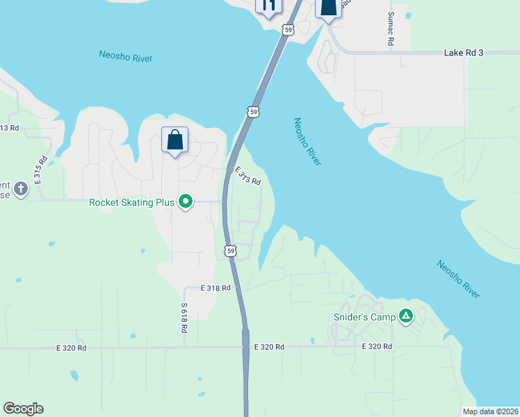 map of restaurants, bars, coffee shops, grocery stores, and more near 62181 East 313 Road in Grove