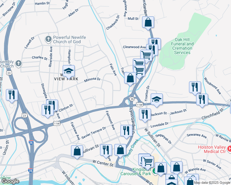 map of restaurants, bars, coffee shops, grocery stores, and more near 819 Fain Avenue in Kingsport