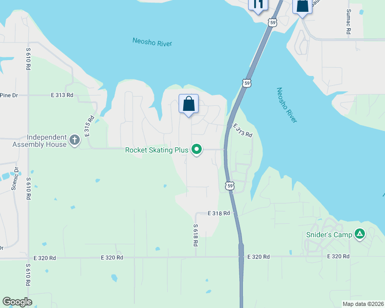map of restaurants, bars, coffee shops, grocery stores, and more near 61805 E 315 Rd in Grove