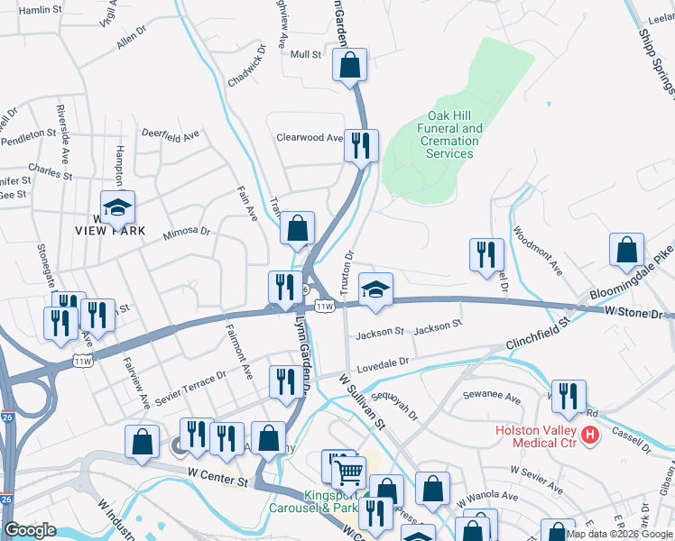 map of restaurants, bars, coffee shops, grocery stores, and more near 698 Truxton Drive in Kingsport