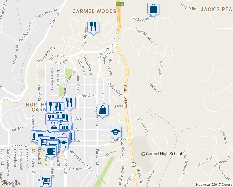 map of restaurants, bars, coffee shops, grocery stores, and more near 24936 Valley Way in Carmel-by-the-Sea