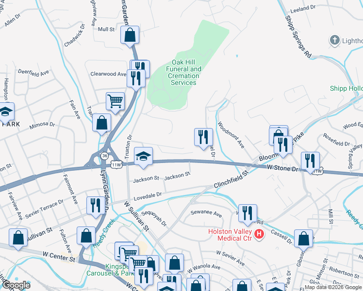 map of restaurants, bars, coffee shops, grocery stores, and more near 540 Bays View Road in Kingsport