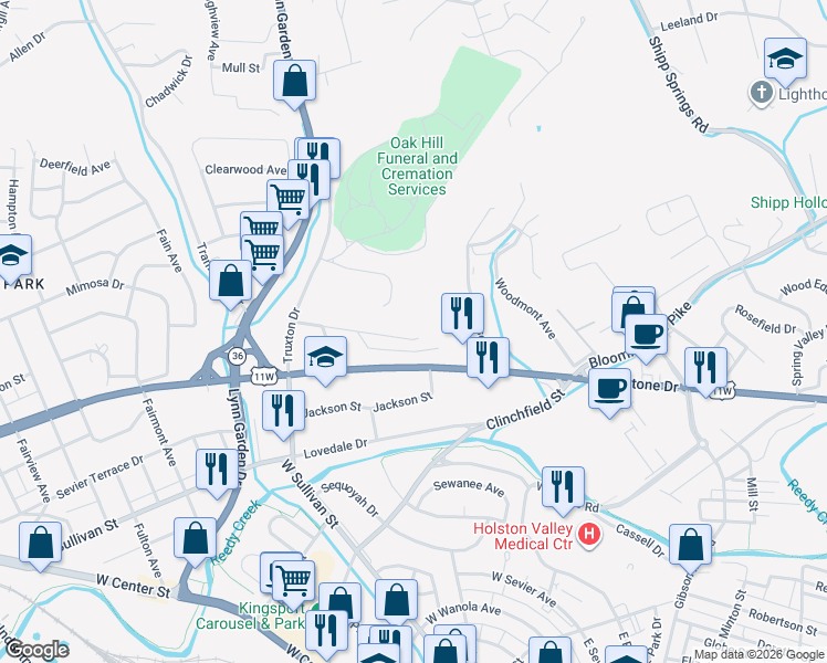 map of restaurants, bars, coffee shops, grocery stores, and more near 540 Bays View Road in Kingsport