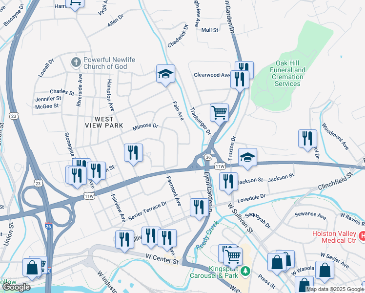 map of restaurants, bars, coffee shops, grocery stores, and more near 819 Fain Avenue in Kingsport