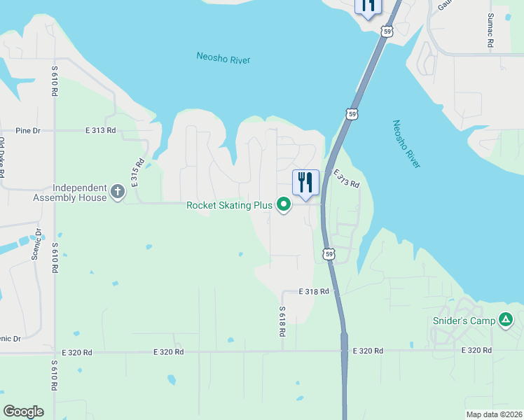 map of restaurants, bars, coffee shops, grocery stores, and more near 61805 East 315 Road in Grove