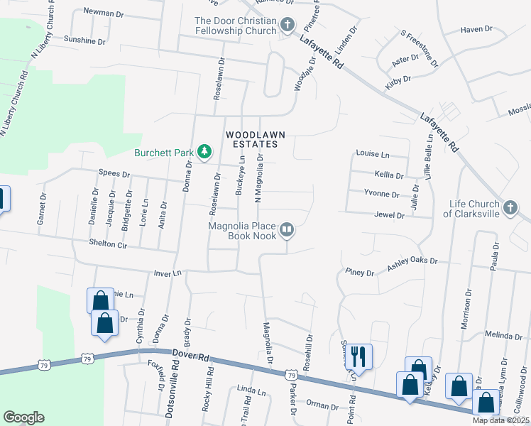 map of restaurants, bars, coffee shops, grocery stores, and more near 526 Sourwood Drive in Clarksville