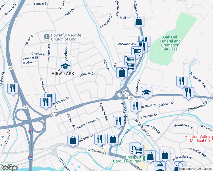 map of restaurants, bars, coffee shops, grocery stores, and more near 819 Fain Avenue in Kingsport