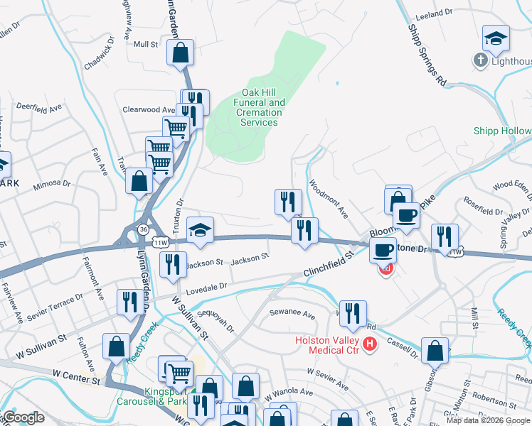 map of restaurants, bars, coffee shops, grocery stores, and more near 524 Bays View Road in Kingsport