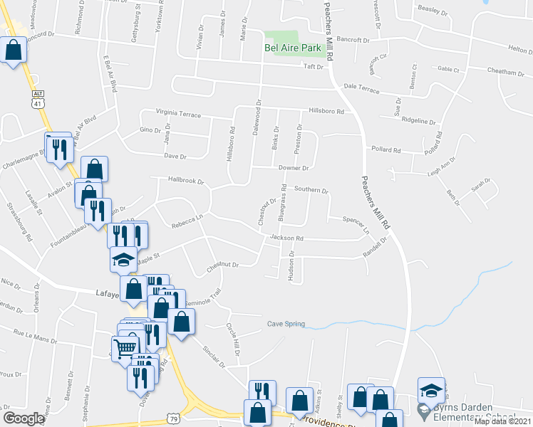 map of restaurants, bars, coffee shops, grocery stores, and more near 108 Chestnut Drive in Clarksville