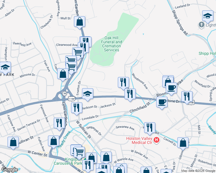 map of restaurants, bars, coffee shops, grocery stores, and more near 540 Bays View Road in Kingsport