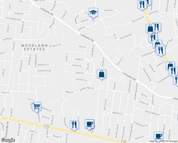 map of restaurants, bars, coffee shops, grocery stores, and more near 413 Julie Drive in Clarksville