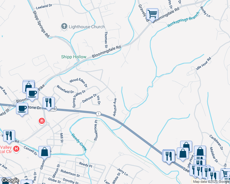 map of restaurants, bars, coffee shops, grocery stores, and more near 315 Arbutus Ave in Kingsport