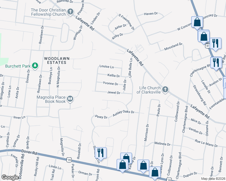 map of restaurants, bars, coffee shops, grocery stores, and more near 513 Jewel Drive in Clarksville