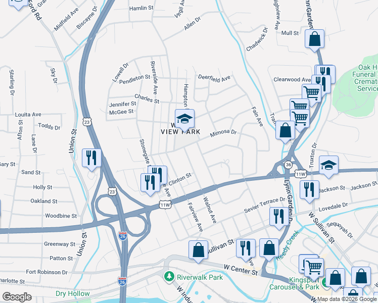 map of restaurants, bars, coffee shops, grocery stores, and more near 933 Walnut Avenue in Kingsport