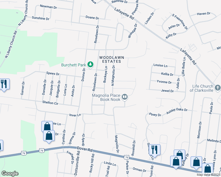 map of restaurants, bars, coffee shops, grocery stores, and more near 436 North Magnolia Drive in Clarksville
