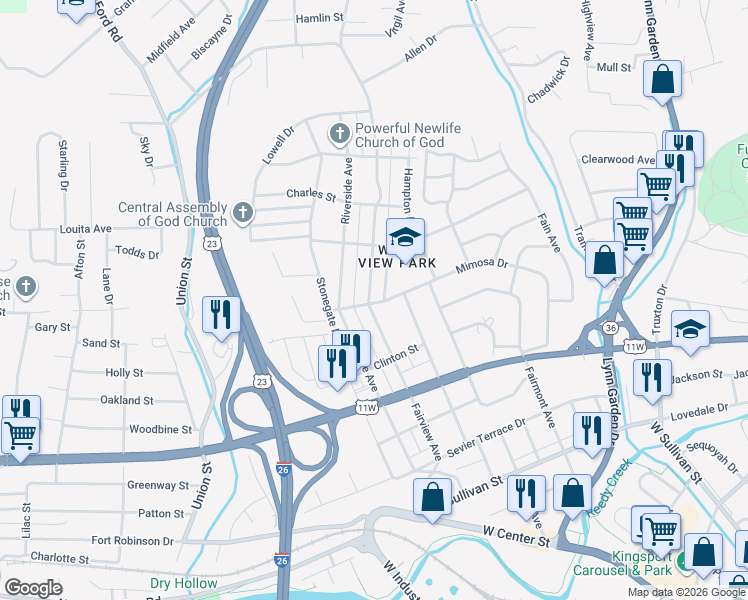 map of restaurants, bars, coffee shops, grocery stores, and more near 1005 Fairview Avenue in Kingsport