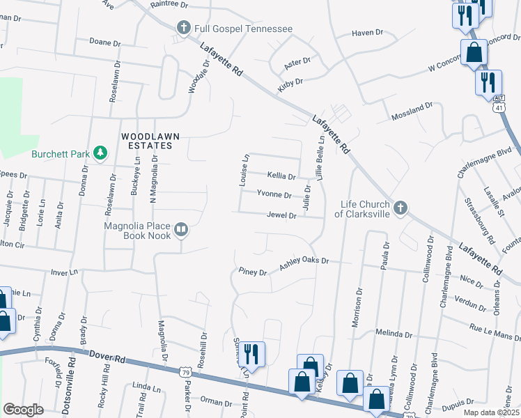map of restaurants, bars, coffee shops, grocery stores, and more near 521 Jewel Drive in Clarksville