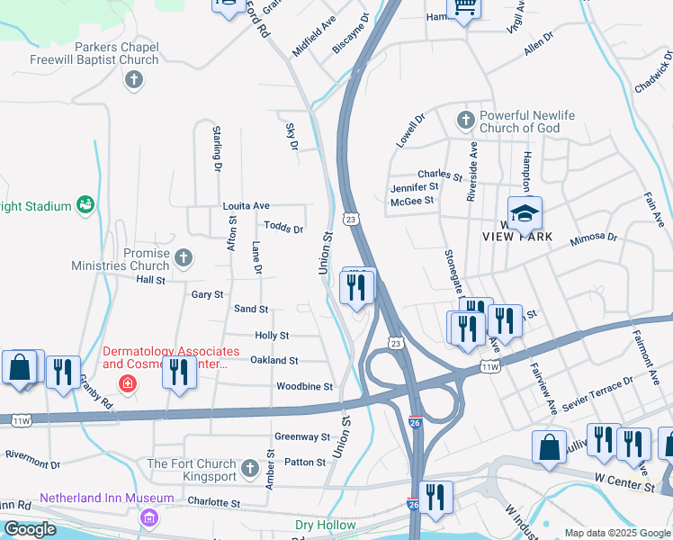 map of restaurants, bars, coffee shops, grocery stores, and more near 1001 Union Street in Kingsport