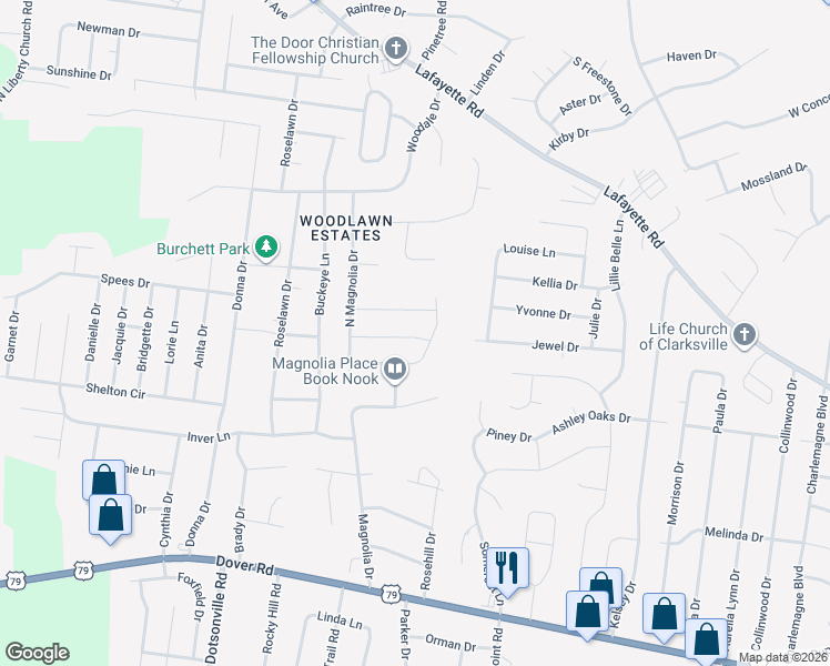 map of restaurants, bars, coffee shops, grocery stores, and more near 512 Sourwood Drive in Clarksville