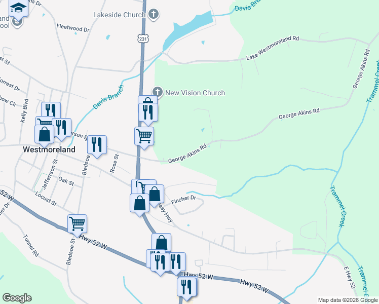 map of restaurants, bars, coffee shops, grocery stores, and more near 221 George Akins Road in Westmoreland