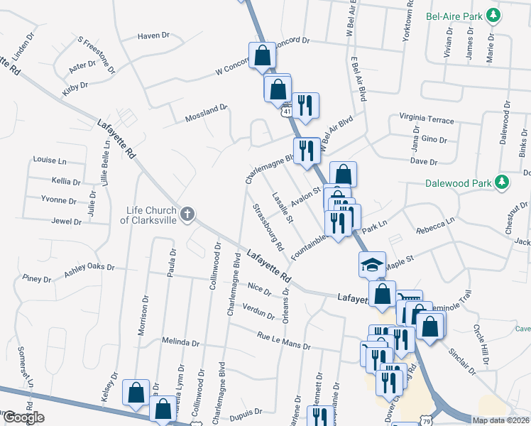 map of restaurants, bars, coffee shops, grocery stores, and more near 13 Avalon Street in Clarksville
