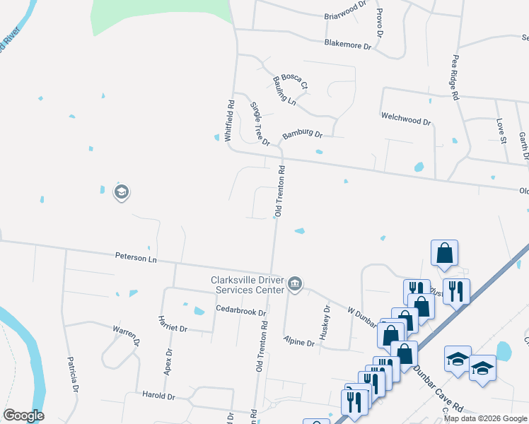 map of restaurants, bars, coffee shops, grocery stores, and more near 309 Liberty Bell Lane in Clarksville