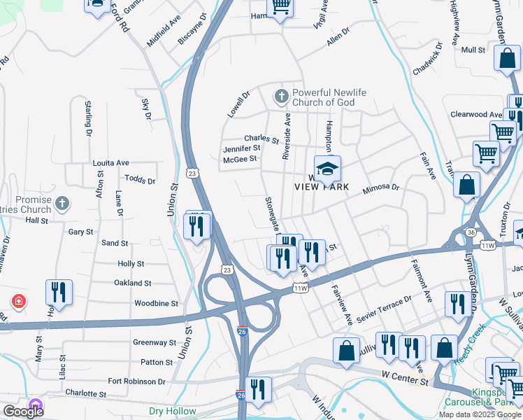 map of restaurants, bars, coffee shops, grocery stores, and more near 1000 Stonegate Road in Kingsport