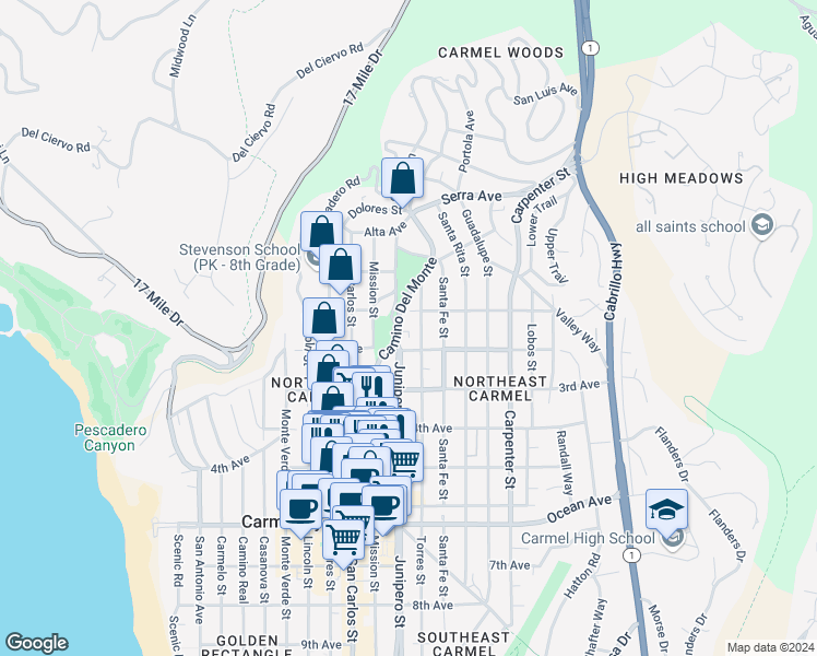 map of restaurants, bars, coffee shops, grocery stores, and more near in Carmel-by-the-Sea