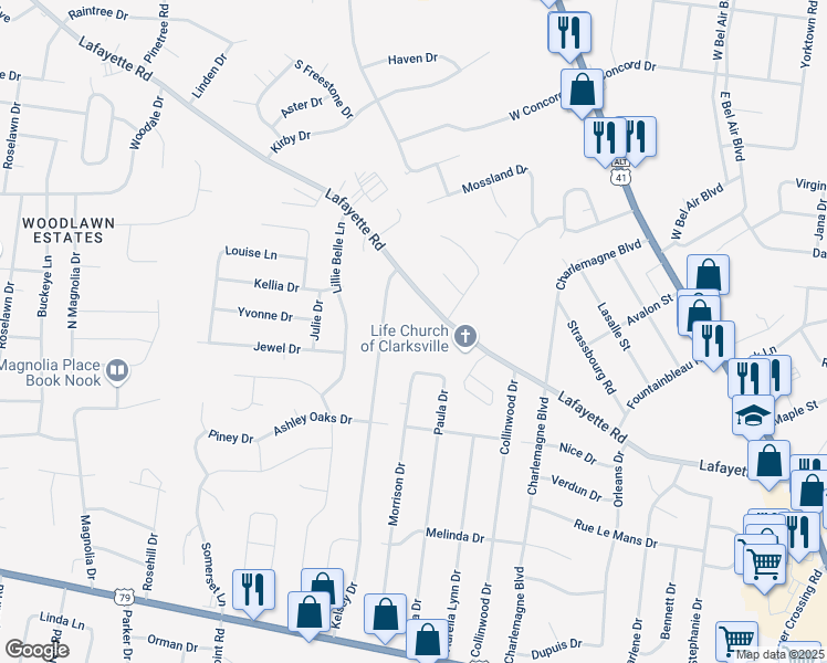 map of restaurants, bars, coffee shops, grocery stores, and more near 466 Lafayette Road in Clarksville