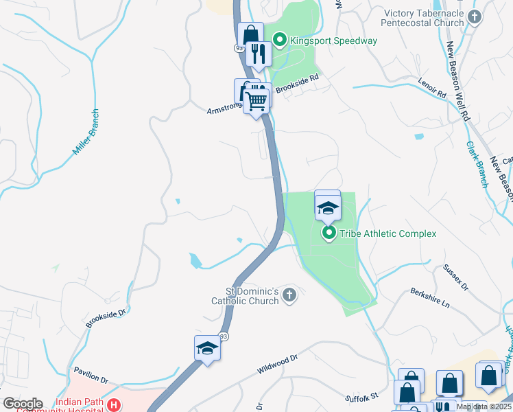 map of restaurants, bars, coffee shops, grocery stores, and more near 2507 Cloister Lane in Kingsport