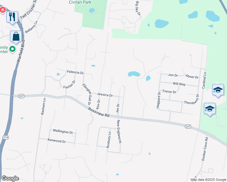 map of restaurants, bars, coffee shops, grocery stores, and more near 2212 Jan Drive in Clarksville