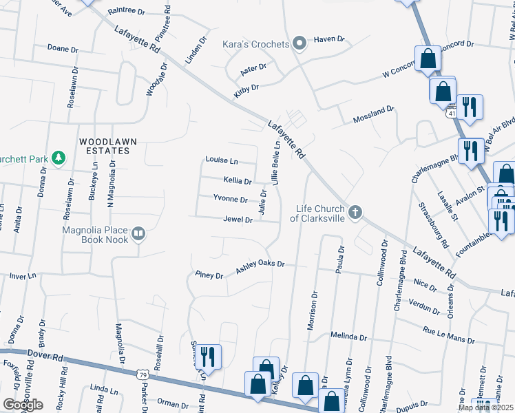 map of restaurants, bars, coffee shops, grocery stores, and more near 413 Julie Drive in Clarksville