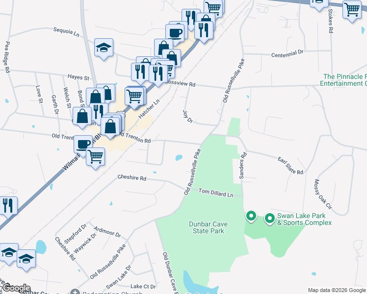 map of restaurants, bars, coffee shops, grocery stores, and more near 236 East Old Trenton Road in Clarksville
