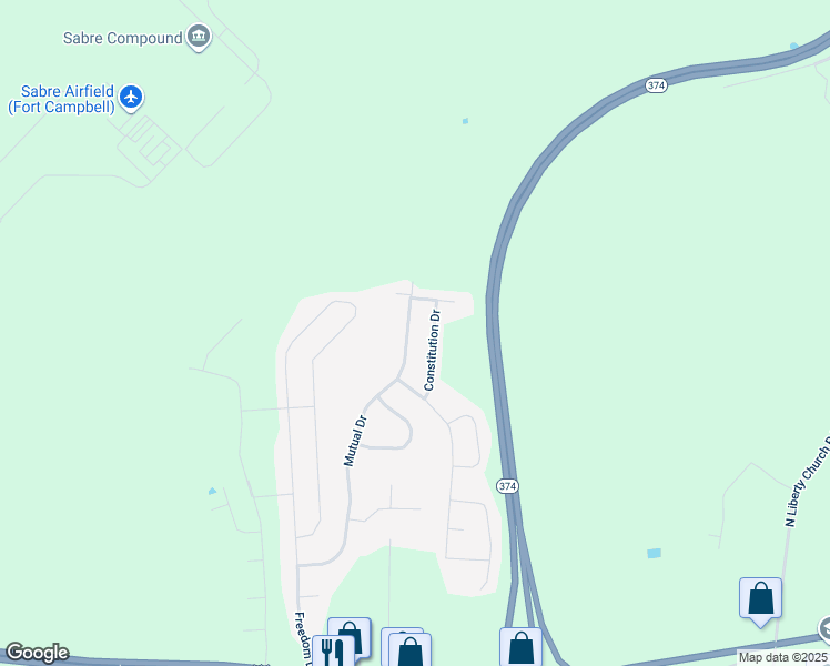map of restaurants, bars, coffee shops, grocery stores, and more near 1353 Mutual Drive in Clarksville