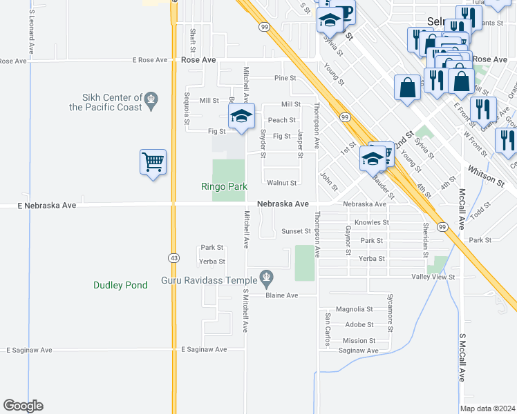map of restaurants, bars, coffee shops, grocery stores, and more near 2645 Nebraska Avenue in Selma