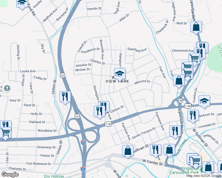 map of restaurants, bars, coffee shops, grocery stores, and more near 1005 Fairview Avenue in Kingsport