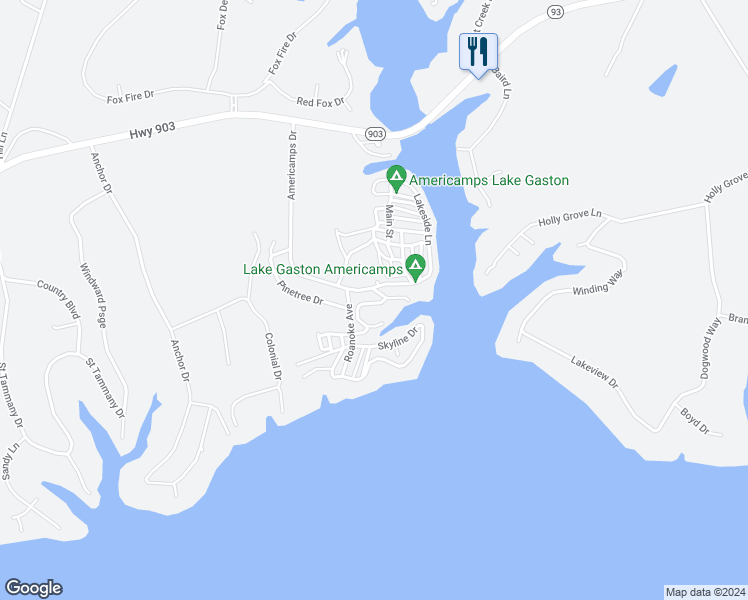 map of restaurants, bars, coffee shops, grocery stores, and more near 110 Duck Lane in Bracey