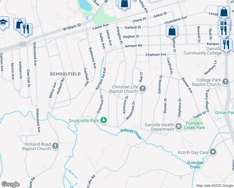 map of restaurants, bars, coffee shops, grocery stores, and more near 610 Arlington Road in Danville