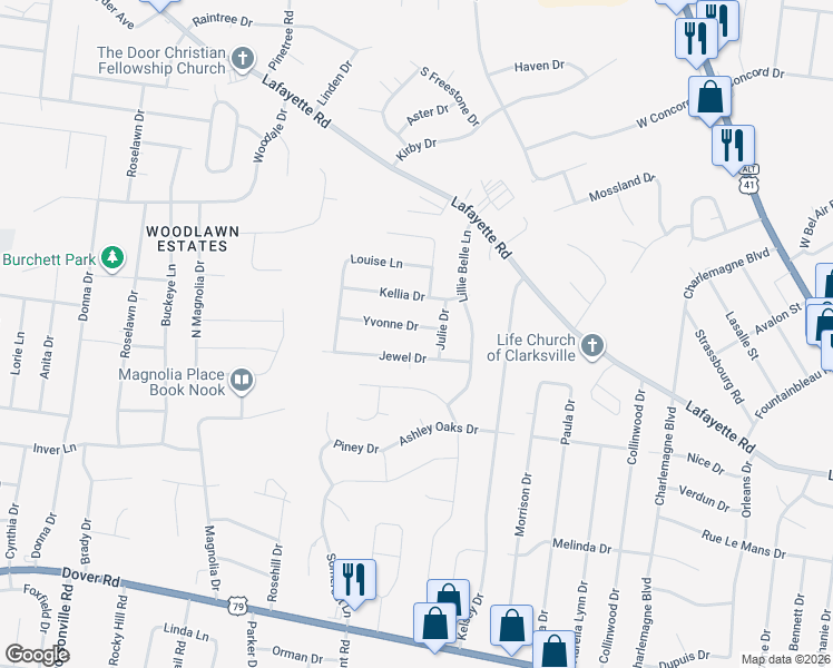map of restaurants, bars, coffee shops, grocery stores, and more near 513 Jewel Drive in Clarksville
